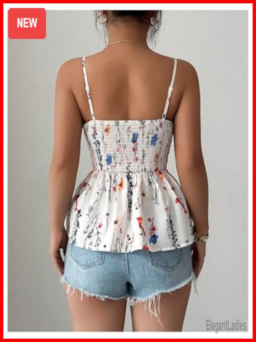 Boho Floral Sleeveless Peplum Camisole Top with Smocked Back Ruffles - Picture 2 of 5